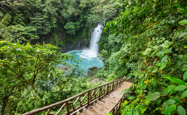 Cascade Costa Rica dans la jungle pour une randonnée en couple ou en famille avec escalier pour descendre
